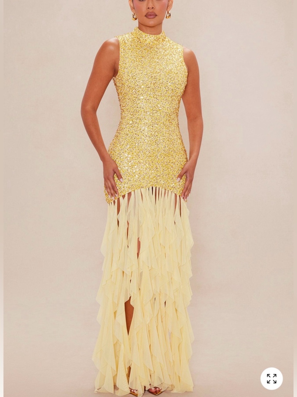 Fashion Nova Yellow Sequin Fringe Ruffle Evening Gown